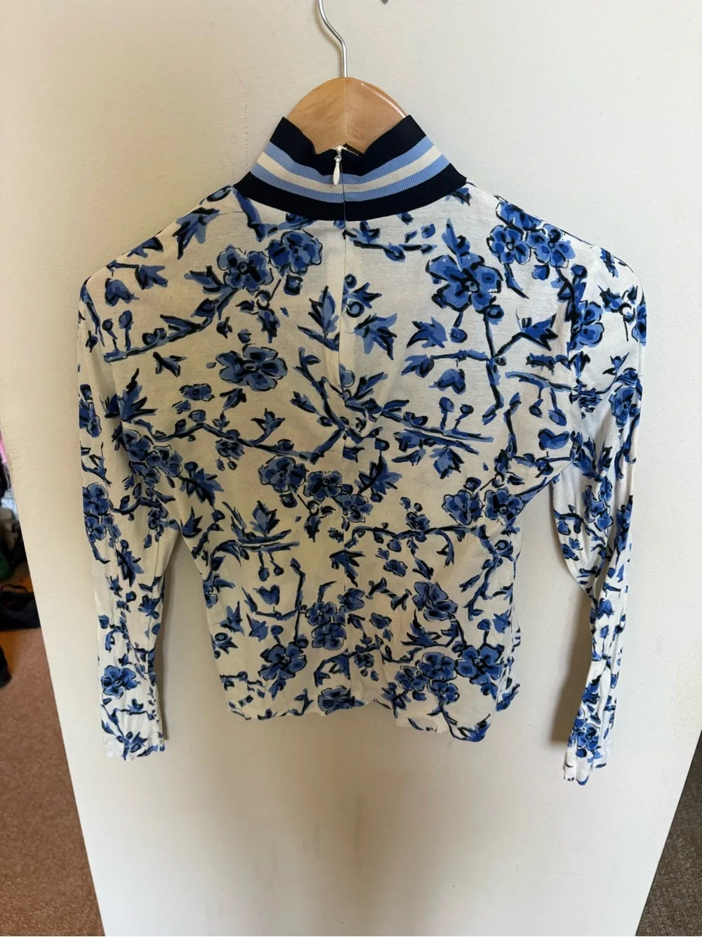 Tory Burch Blue Floral Mock Neck Long Sleeve Top